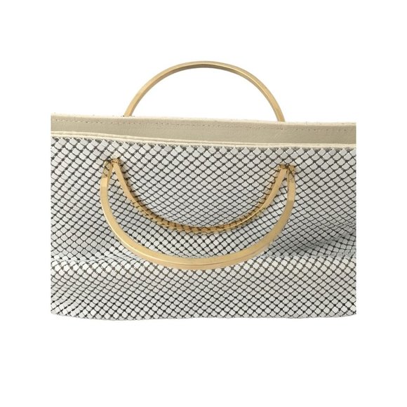 White Mesh Metal Purse Handbag Retro Bag Golden Framed Handle Vintage Accessory - Picture 4 of 11